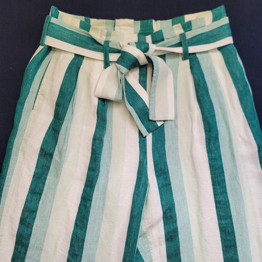 J.CREW Paper Bag Linen Pant In Cabana Stripe Women's Size10 Turquoise Jade White - Picture 3 of 16